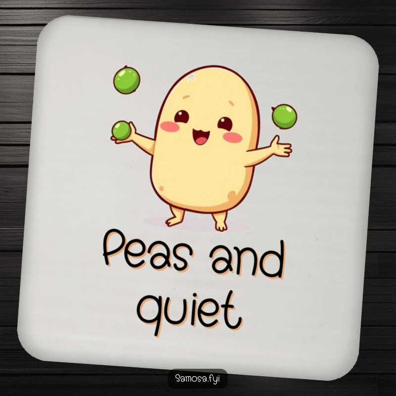 Funny drink coasters featuring a happy samosa character juggling three small peas, protecting surfaces with cheerful flair.