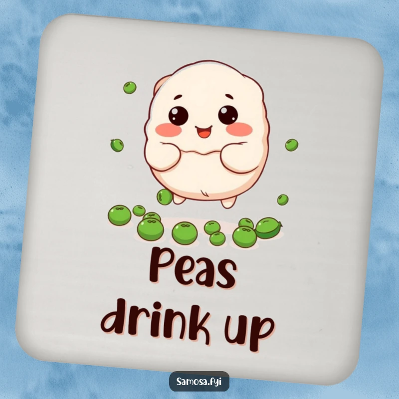 Funny dumpling drink coaster featuring the stuffed character trying to catch peas, a cute and humorous accessory.