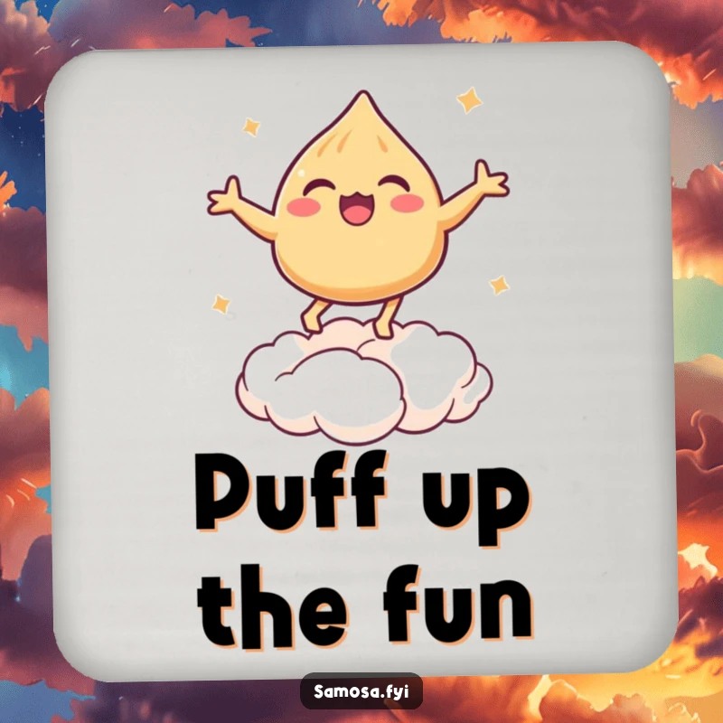 Funny coaster set depicting a samosa bouncing on a cloud, perfect for table protection.