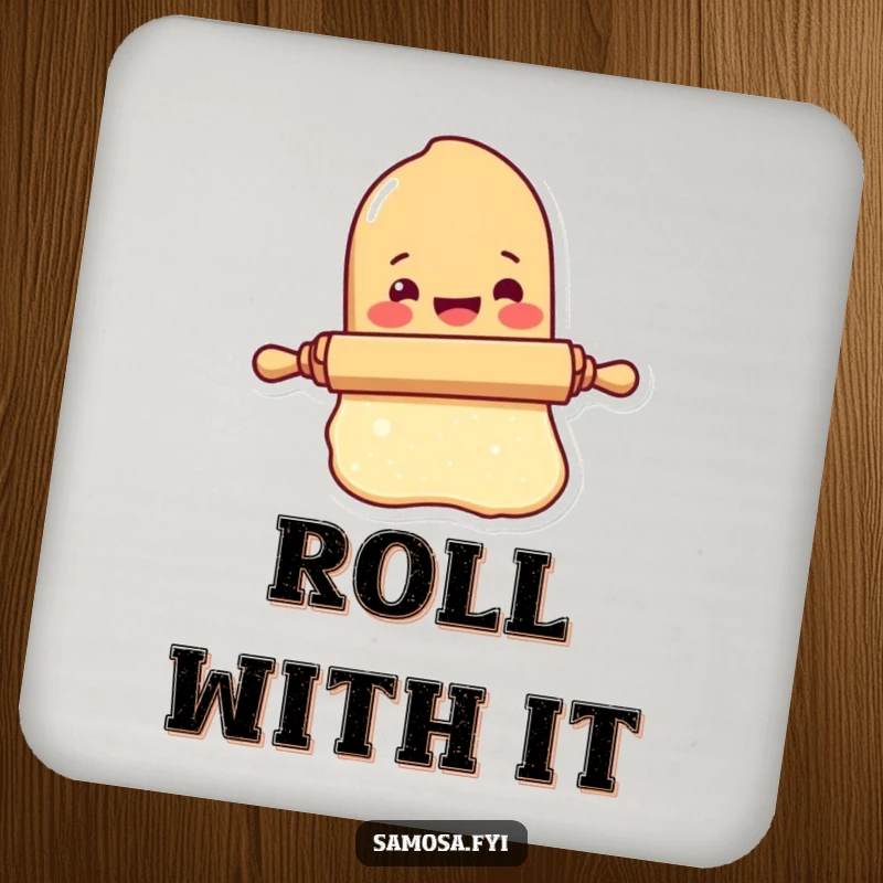 Funny Rolling Pin Drink Coaster displays a delighted rolling pin character rolling dough, protecting surfaces with baking charm.