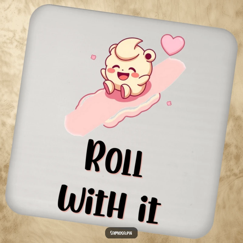 Funny drink coasters featuring a giggling laddoo character rolling down a sugary slope, adding sweet humor to table settings.