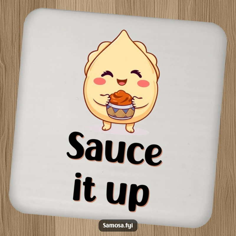 Funny Samosa Drink Coaster displays a winking samosa character offering chutney, protecting tables with foodie charm.