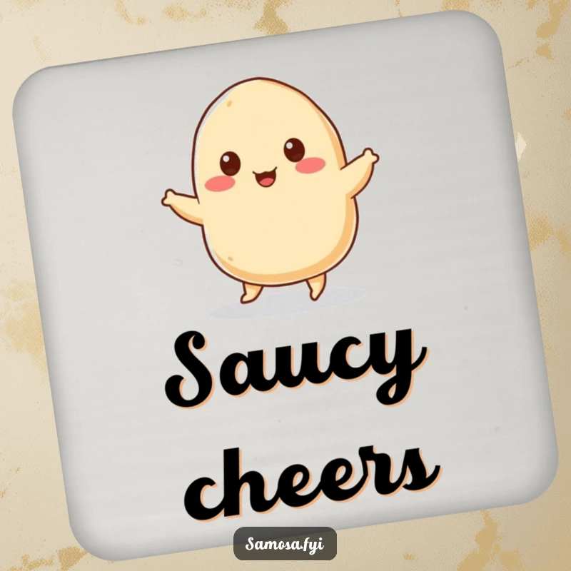 Funny Coasters showcasing a cheerful samosa with tiny sesame seed eyes, humorously doing a joyful jig, protecting surfaces with flavor.