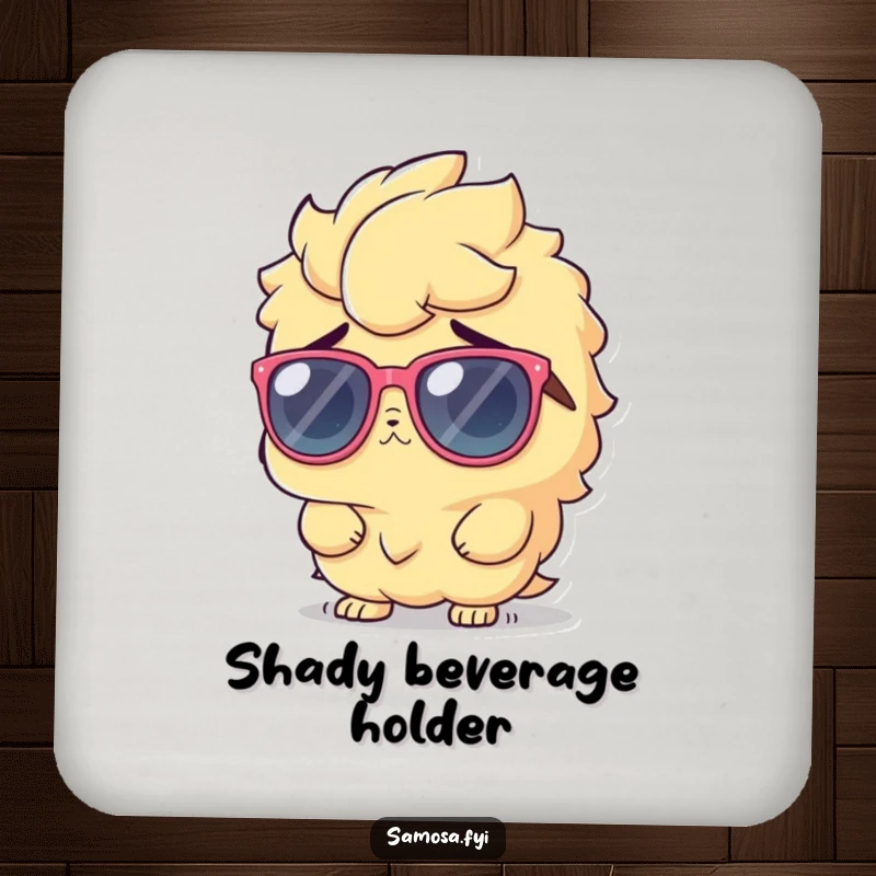 Funny Coaster featuring a samosa character in sunglasses, shrugging innocently, adding a cool, humorous touch.
