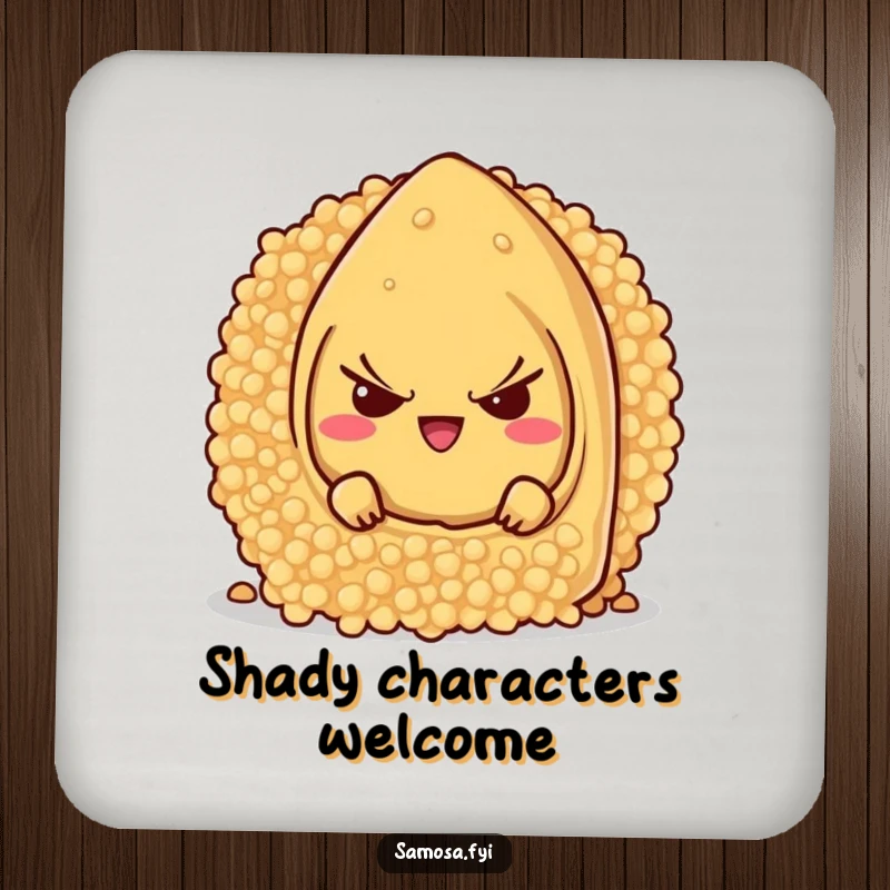 Funny samosa character with a mischievous grin, hiding behind a giant couscous grain, designed on a set of drink coasters.