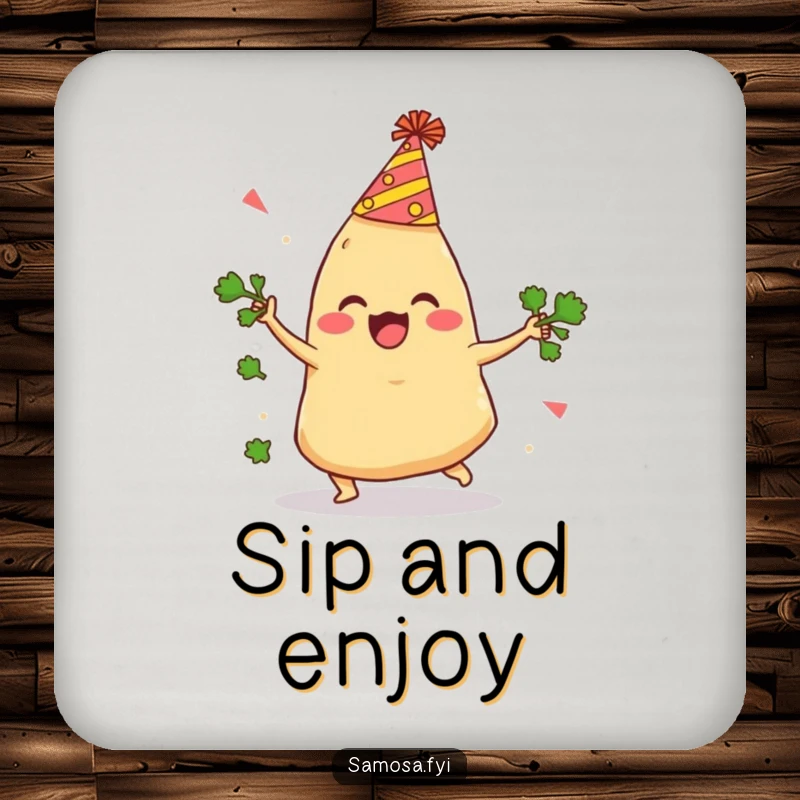 Funny Samosa Coaster depicts a delighted samosa with a party hat comically tripping while juggling cilantro, a humorous table accessory.
