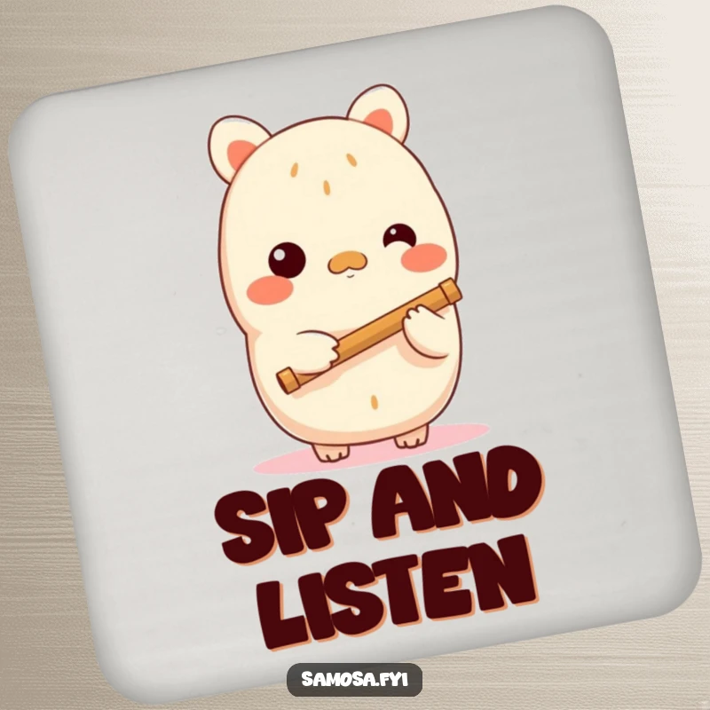 Funny samosa coaster set featuring a shy samosa character holding a tiny flute, protecting surfaces with gentle musical humor, a stylish gift.