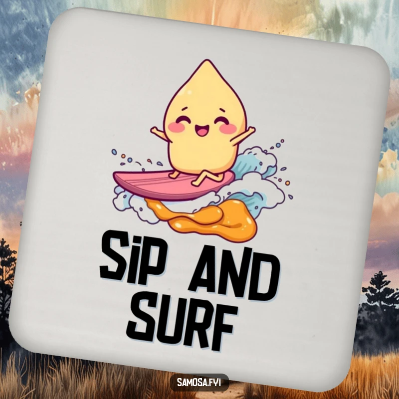 Set of coasters featuring a giggling samosa character surfing a chutney wave, providing fun protection for drinks.