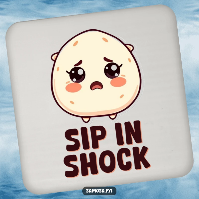 Funny Startled Samosa Coaster: A samosa character with wide, surprised eyes, protecting your furniture with a humorous, astonished expression.