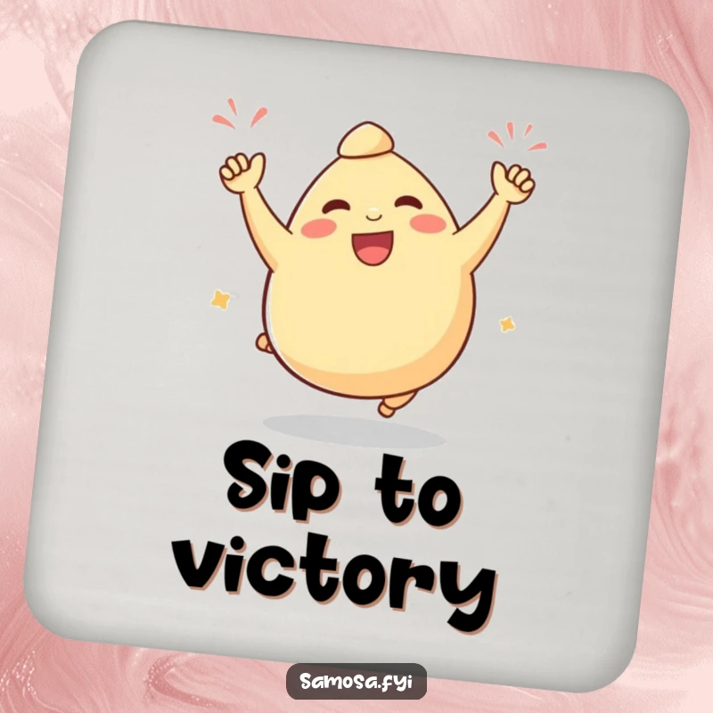 Funny samosa coaster with a plump samosa character doing a victorious celebratory hop, protecting surfaces with flair.