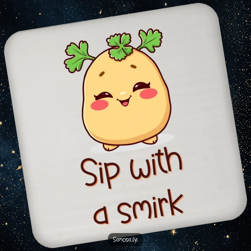 Funny coaster depicting a mischievous samosa winking with a parsley hat, protecting your furniture with charm.