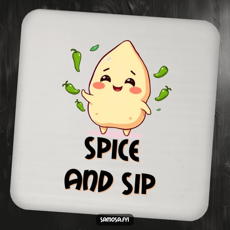 Funny Samosa Juggling Coaster: A smiling samosa character expertly juggling green chili peppers, protecting your furniture with spicy charm.