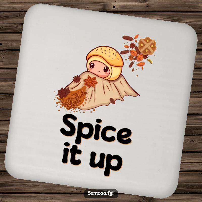 Funny coaster showing a pastry climbing a spice mountain, protecting surfaces with a touch of baking humor.