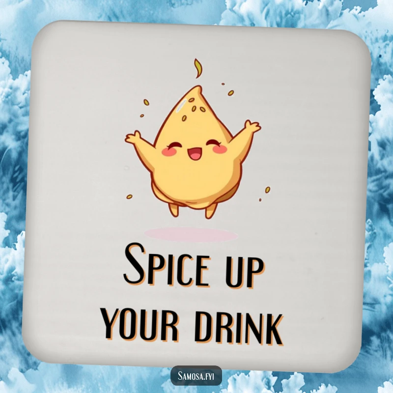 Funny Drink Coaster featuring a samosa doing a cumin-kissed dance, protecting surfaces with a touch of snack humor.