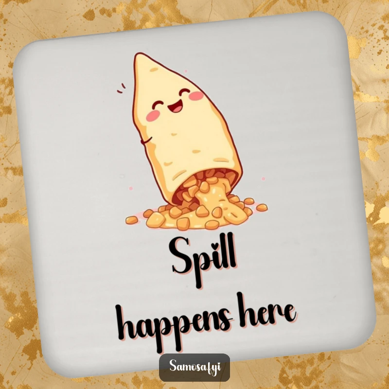 Funny Giggling Samosa Drink Coaster: Protects tables with an image of a snack doing a cartwheel, filling spilling, bringing humor.