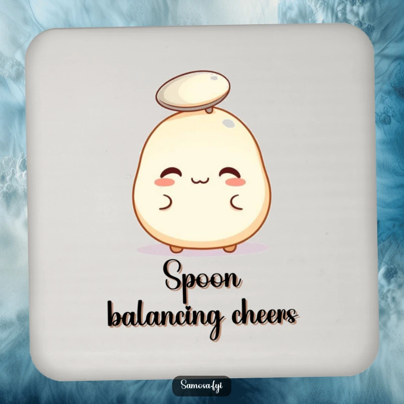 Funny coaster showing a pastry puff balancing a spoon, perfect for protecting surfaces with baking humor.