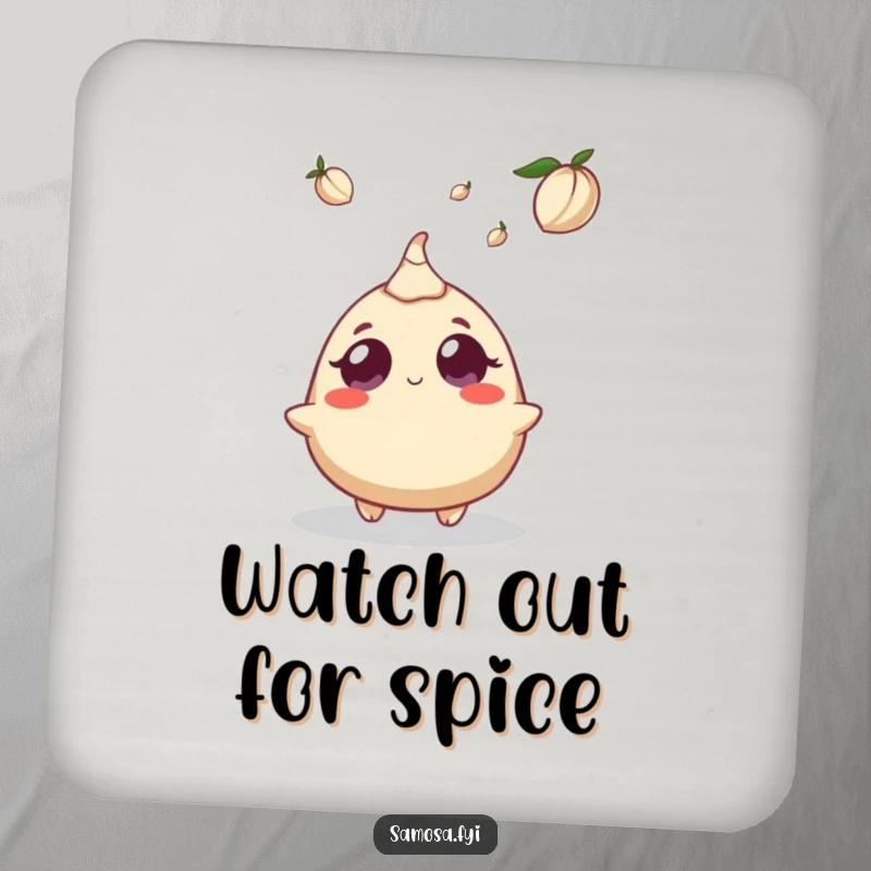 Funny coasters featuring a surprised samosa character looking up at a falling cardamom pod, protecting surfaces with humor.