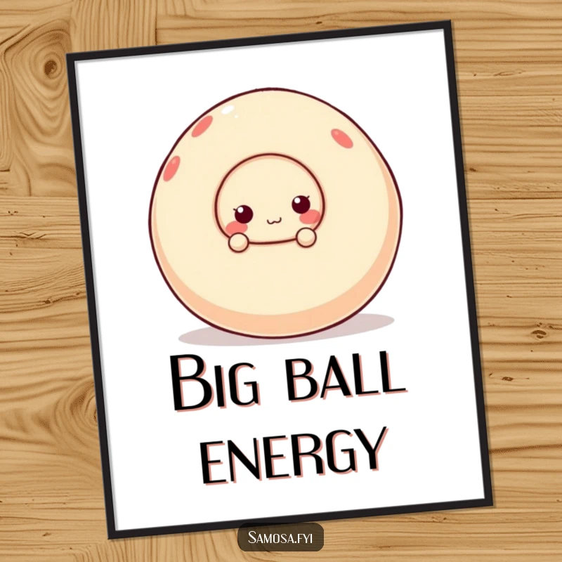 Funny poster featuring a comical samosa character peeking from behind a massive, unsteady ball, creating a humorous and engaging scene.