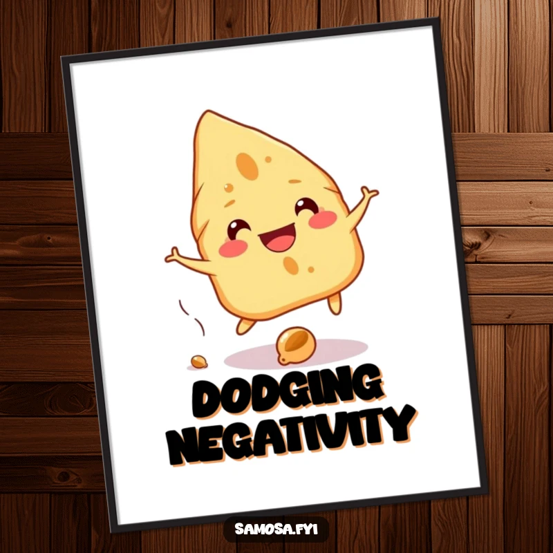 Funny Samosa Poster shows a cheerful samosa with a wide grin playfully dodging a falling chickpea, adding a humorous touch to decor.