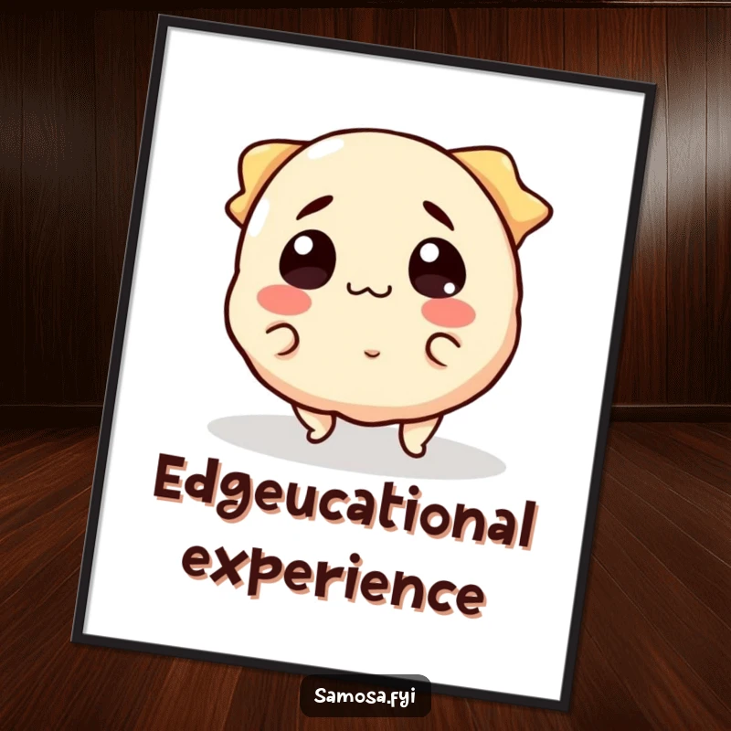 Funny Poster of a smiling samosa character comically tripping over its own edges, captured in a moment of surprise.