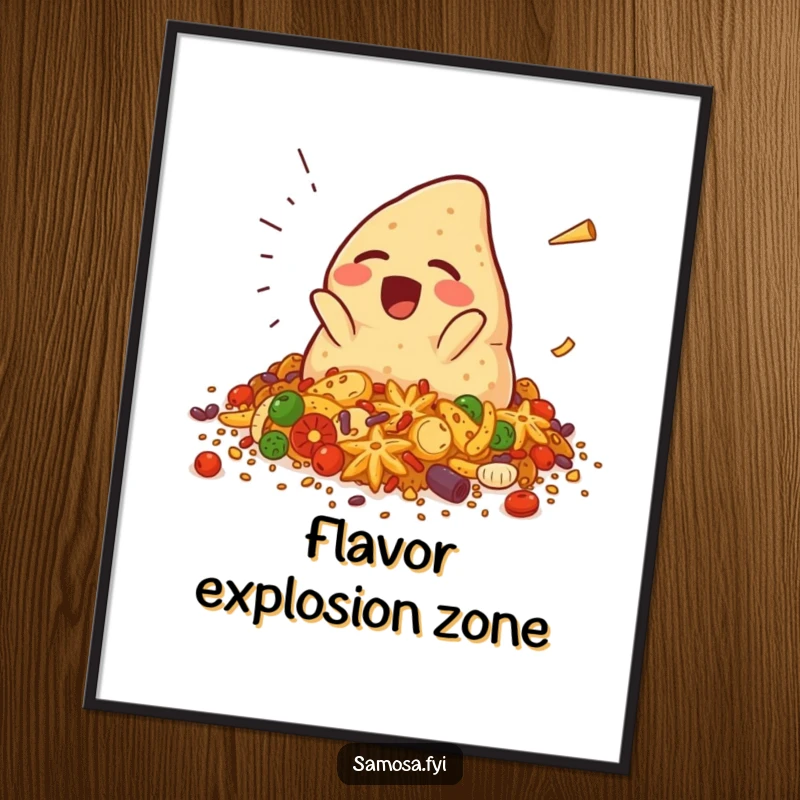 Funny samosa poster illustrating a giggling samosa character comically falling into spices, bringing vibrant humor and a spicy scene to wall art, a great gift.