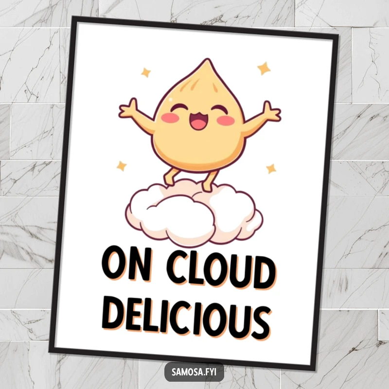 Funny poster of a happy samosa bouncing high on a soft puff pastry cloud.