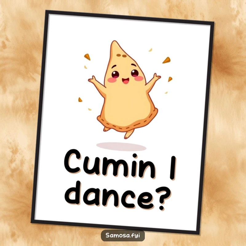 Funny poster of a samosa dancing with cumin, adding vibrant, humorous art to any space.