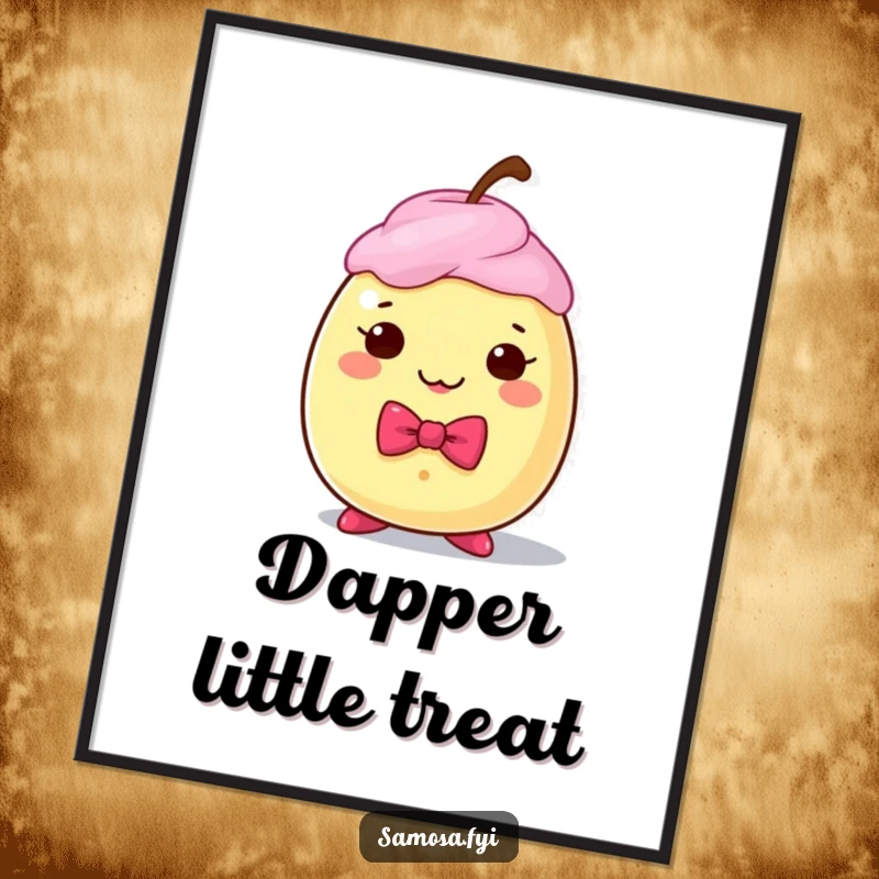 Funny wall poster art of a dapper gulab jamun character wearing a bow tie, adding elegant humor to decor.