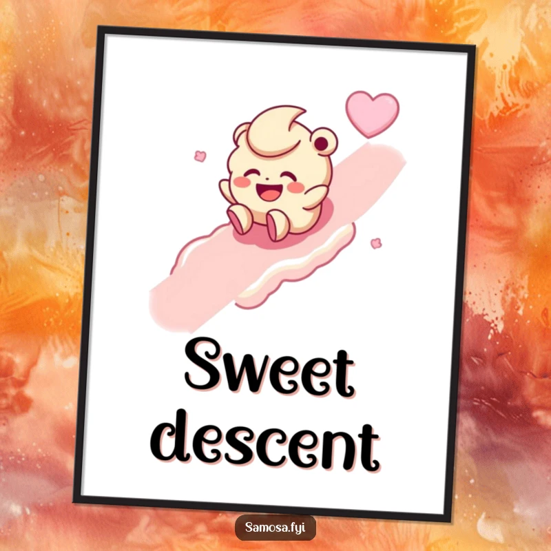 Funny poster art of a giggling laddoo character joyfully descending a sugary slope, radiating sweet happiness.