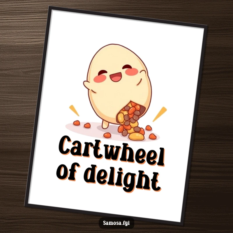 Funny poster of a giggling samosa performing a cartwheel with filling spilling humorously, perfect for adding whimsical wall decor.