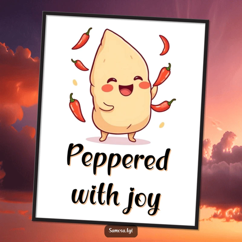 Funny Samosa Poster: Artistic print of a giggling samosa juggling tiny chili peppers, adding a humorous and spicy touch.