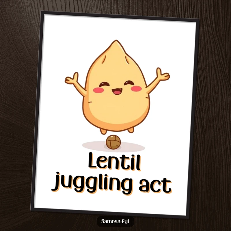 Funny giggling samosa poster art of a character bouncing a lentil like a ball, bringing playful vibes.