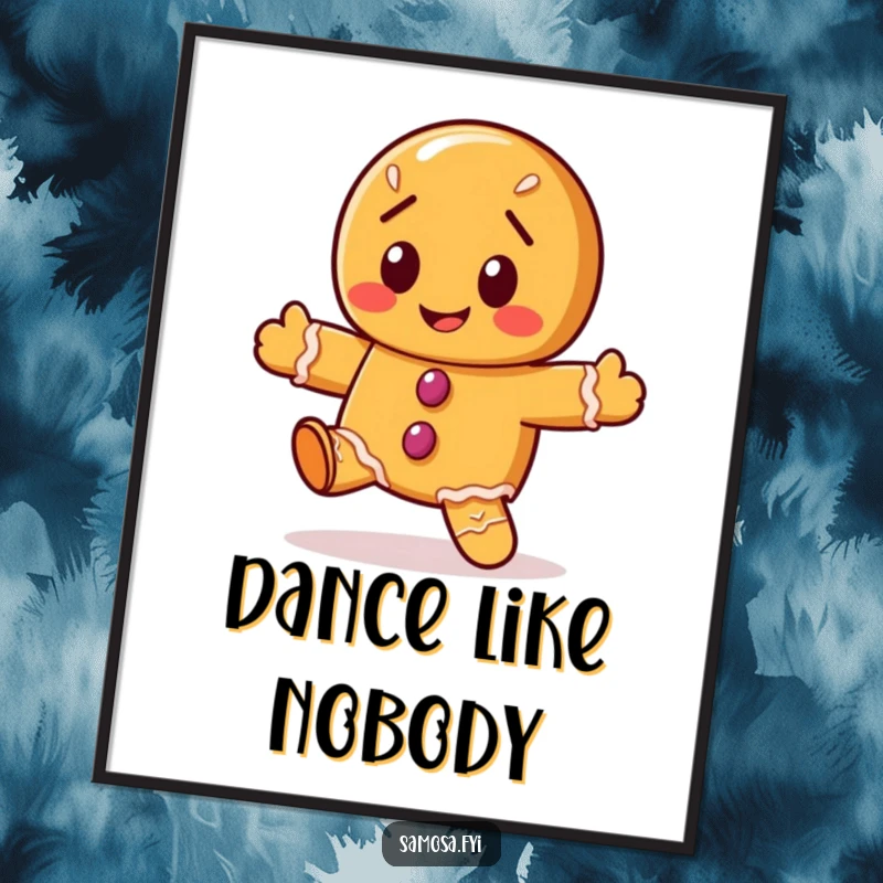 Funny gingerbread cookie poster art of the character doing a wobbly dance, perfect for whimsical holiday decor.