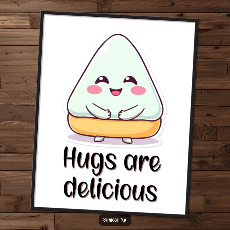 Funny Poster of a triangular pastry character with a big smile, joyfully giving a hug, a sweet and whimsical art piece.