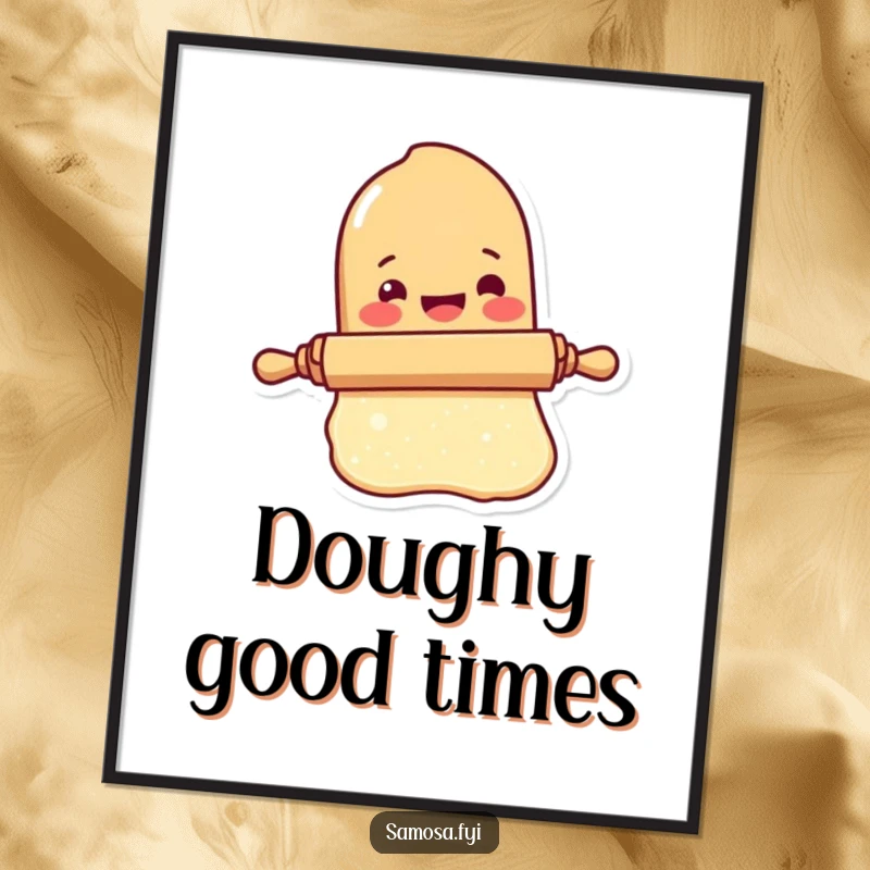 Funny Rolling Pin Poster features a delighted rolling pin character rolling out a tiny dough sheet, celebrating baking.