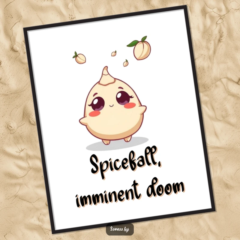 Funny poster depicting a samosa character with exaggerated wide eyes staring up at a single falling cardamom pod.