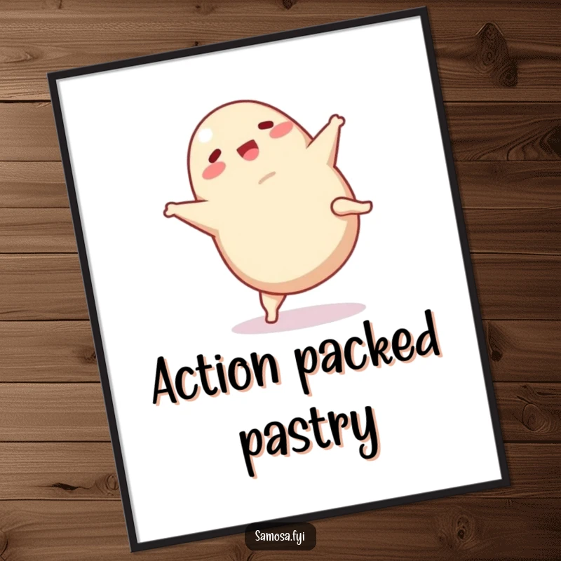 Funny Samosa Poster: Artistic print of a happy samosa doing a cartwheel, adding a playful and humorous touch to any wall.