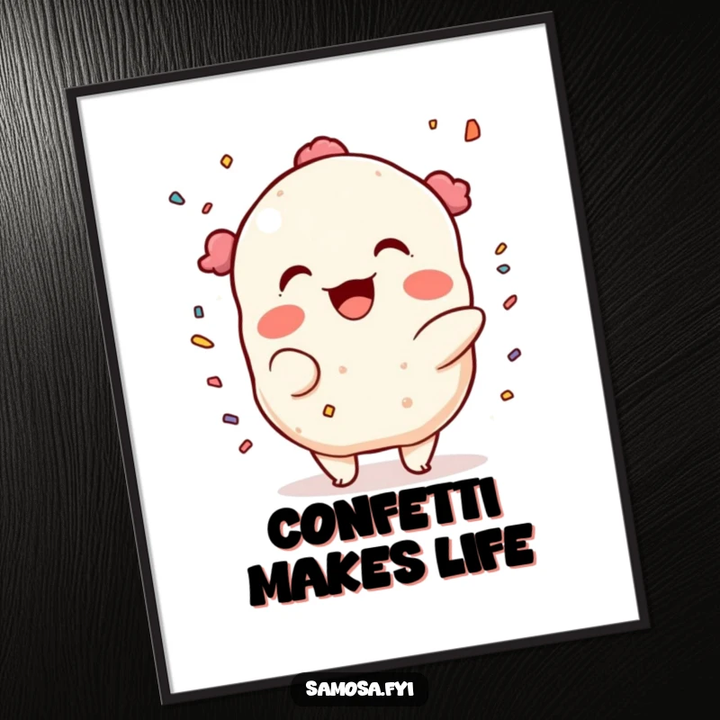 Funny Poster: A samosa character joyfully throwing colorful confetti with a mischievous grin, creating a festive atmosphere.
