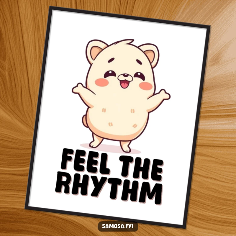 Funny samosa poster illustrating a samosa character doing a silly wiggle dance, bringing vibrant energy and humor to wall art, a great gift.