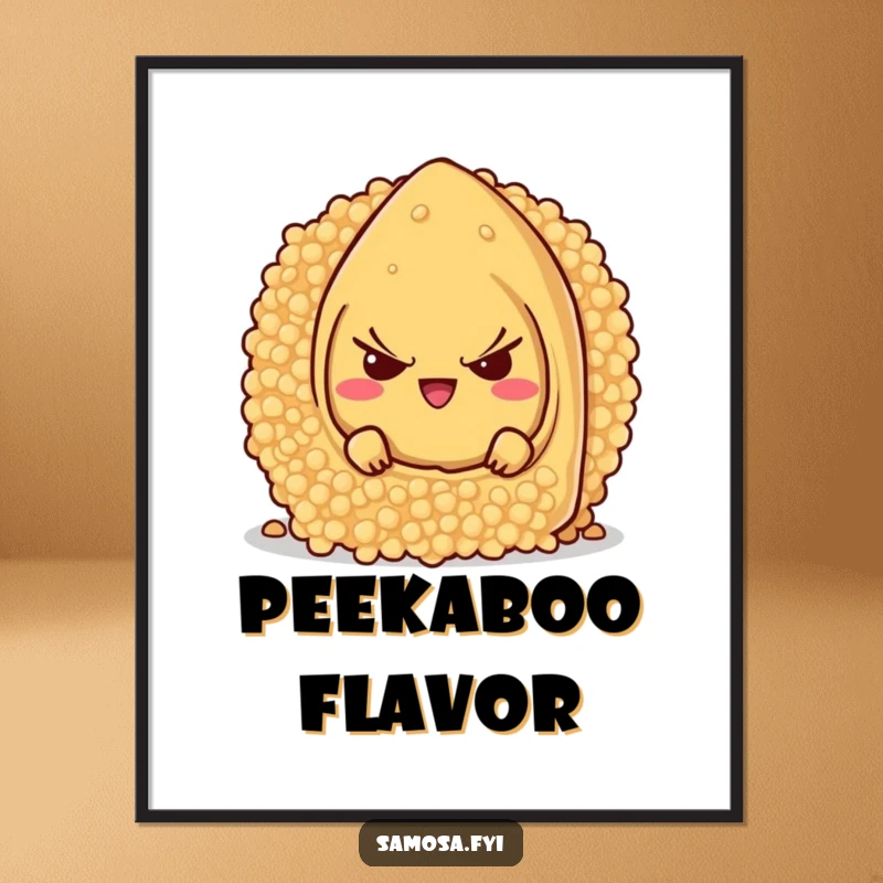 Funny samosa character with a mischievous grin, hiding behind a giant couscous grain, as a wall poster.