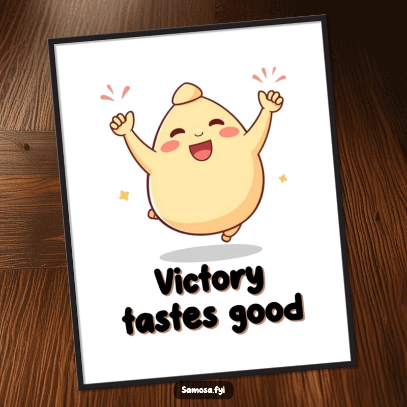 Funny samosa poster depicting a plump samosa character joyfully doing a victorious celebratory hop, radiating happiness and flavor.
