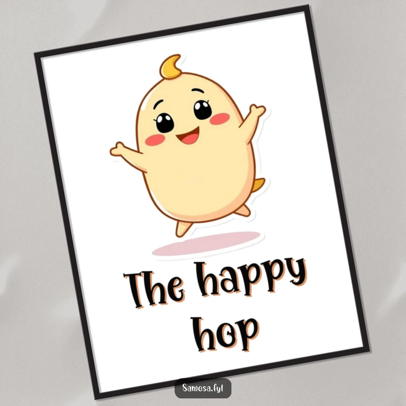 Funny Samosa Poster featuring a cute samosa character doing a funny little hop with a big grin, celebrating joyful movement.