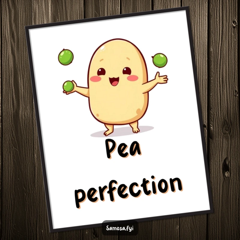 Funny poster depicting a happy samosa character skillfully juggling three tiny peas, bringing joy and amusement to any wall.