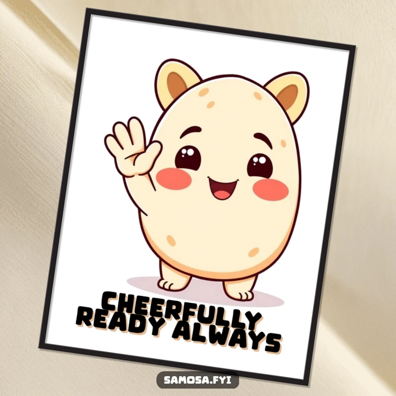 Funny Samosa Poster print of a smiling animated samosa character giving a cheerful salute, adding humor to wall decor as a funny gift.