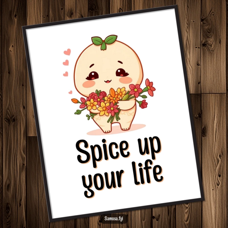 Funny samosa poster of a blushing character holding a bouquet of spice flowers, great for adding warmth and charm to decor.