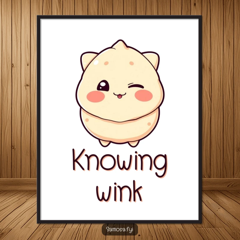 Funny poster print of a samosa comically winking with a playful grin, adding a touch of cheeky humor to any wall.