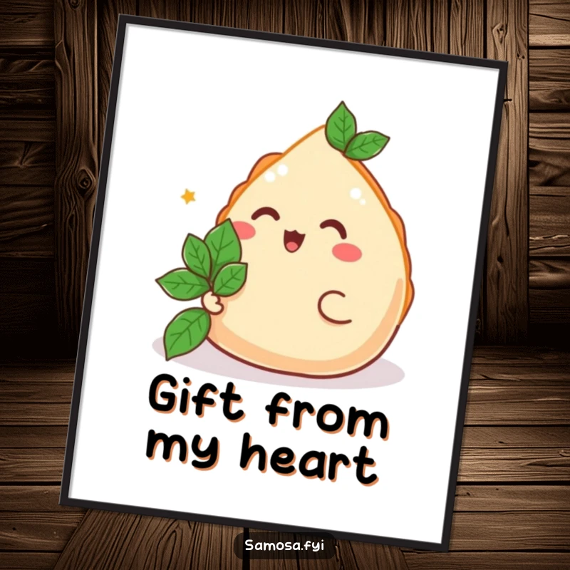 Funny Samosa Poster depicting a happy samosa offering a mint leaf, cheerful wall art for a funny gift.