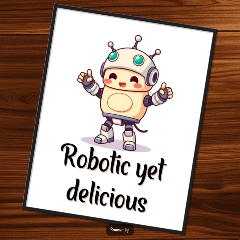 Funny Poster of a samosa character executing a stiff yet happy robot dance, a delightful wall art piece.