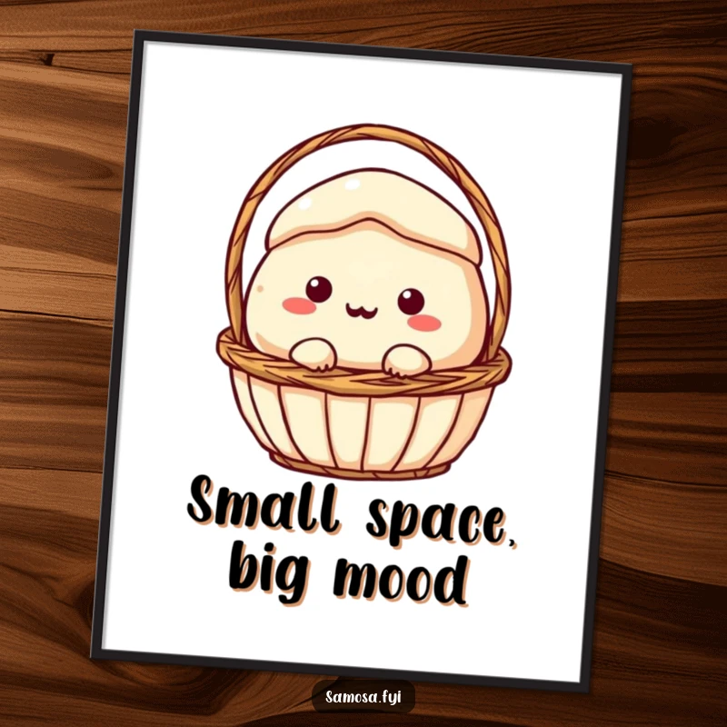 Funny Poster: A samosa character comically wedged and stuck in a small basket, creating a humorous and relatable visual.