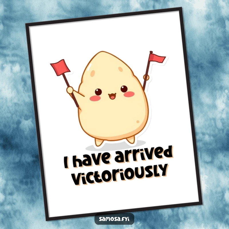 Funny Samosa Poster featuring a cute samosa character enthusiastically waving a tiny flag, bringing vibrant, humorous energy.